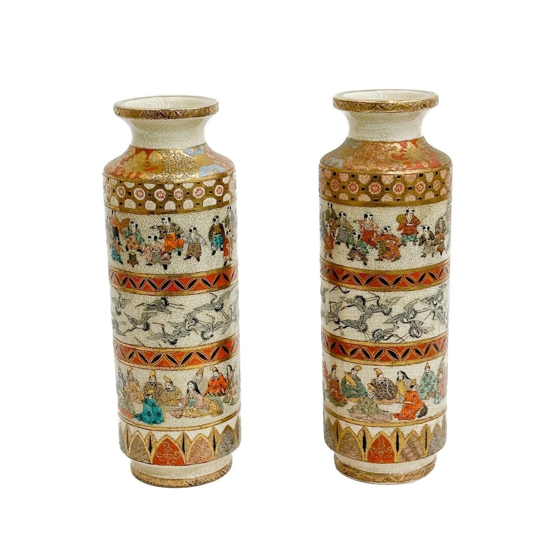 Pair Japanese Satsuma Hand Painted Porcelain Vases Taisho Period: Pair Japanese Satsuma Hand Painted Porcelain Vases, Taisho period. Cylindrical shaped vases with bands of figures and birds. Gilt accents. Underside marked Satsuma Weight: Approx. 4 lbs Measurements: 
