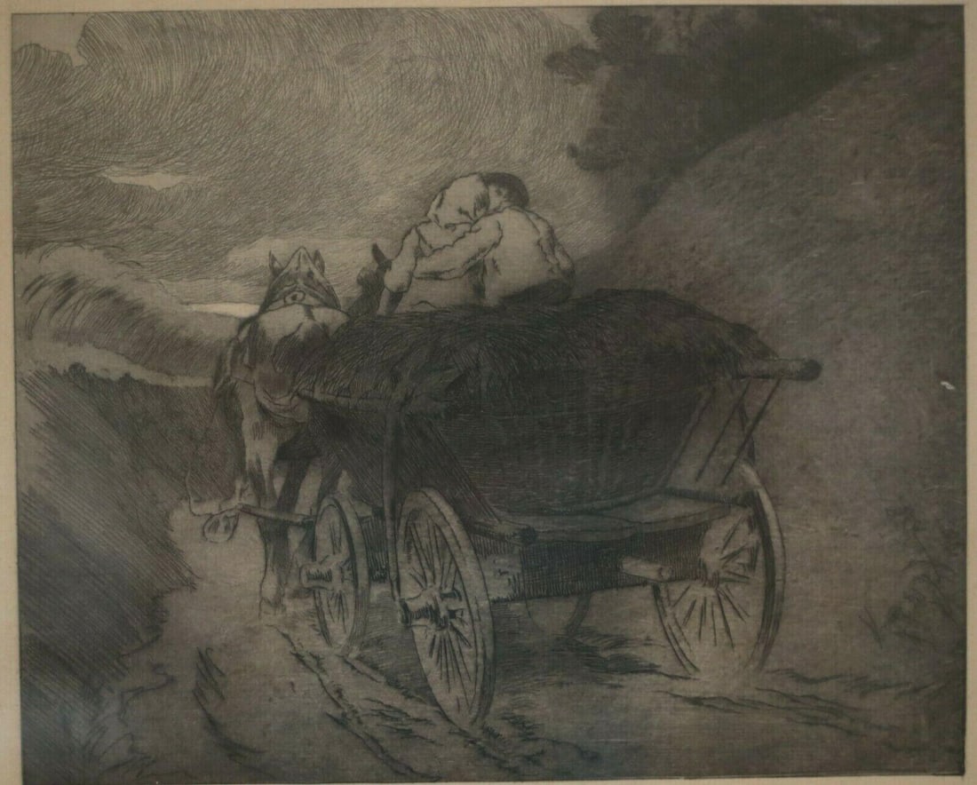 1916 German Etching Courting couple in horse drawn cart, signed (1 of 6)