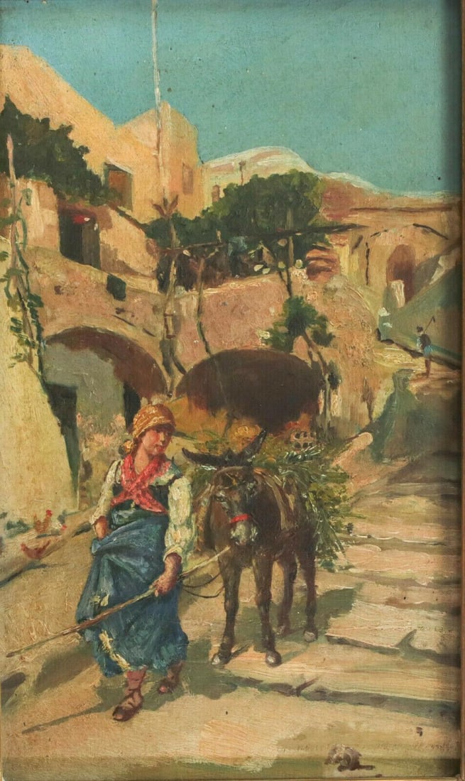 Continental Oil painting on panel, Village landscape w/ peasant girl and donkey: Continental Oil painting on panel, Village landscape with peasant girl and donkey, Unsigned. Mid Century. In gilt wood frame. "Mo Scott" on reverse. Wood frame 4lbs Measurements: Approx. Painting 6 x 