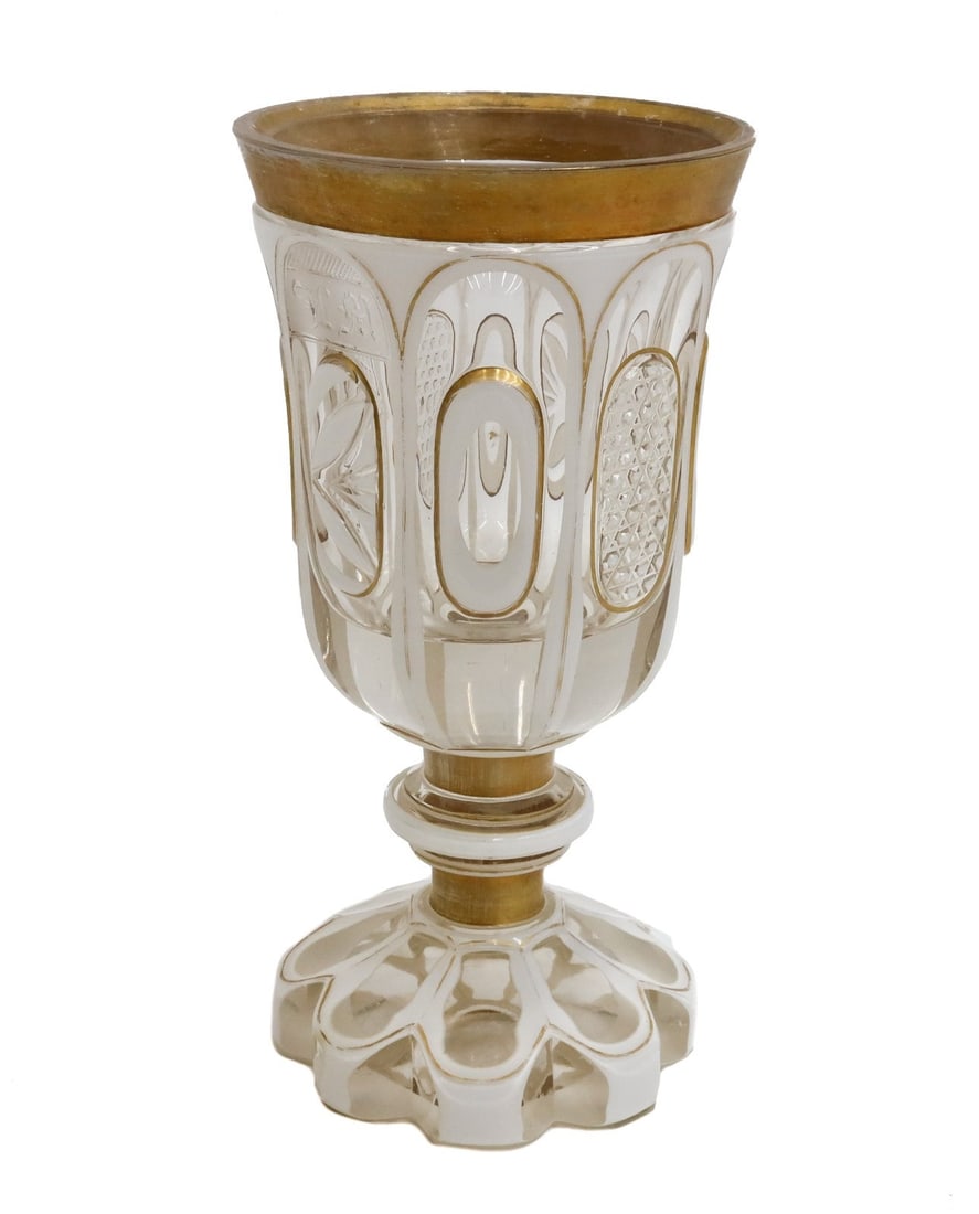 Bohemian White to Clear Cut Glass and Gilt Scalloped Wine Chalice c1900: Bohemian white to clear cut glass and gilt scalloped wine chalice, circa 1900. White cut to clear panels with gilt accents. 2 letter monogram towards rim with a scalloped base. Weight: Approx. 1 lb Me