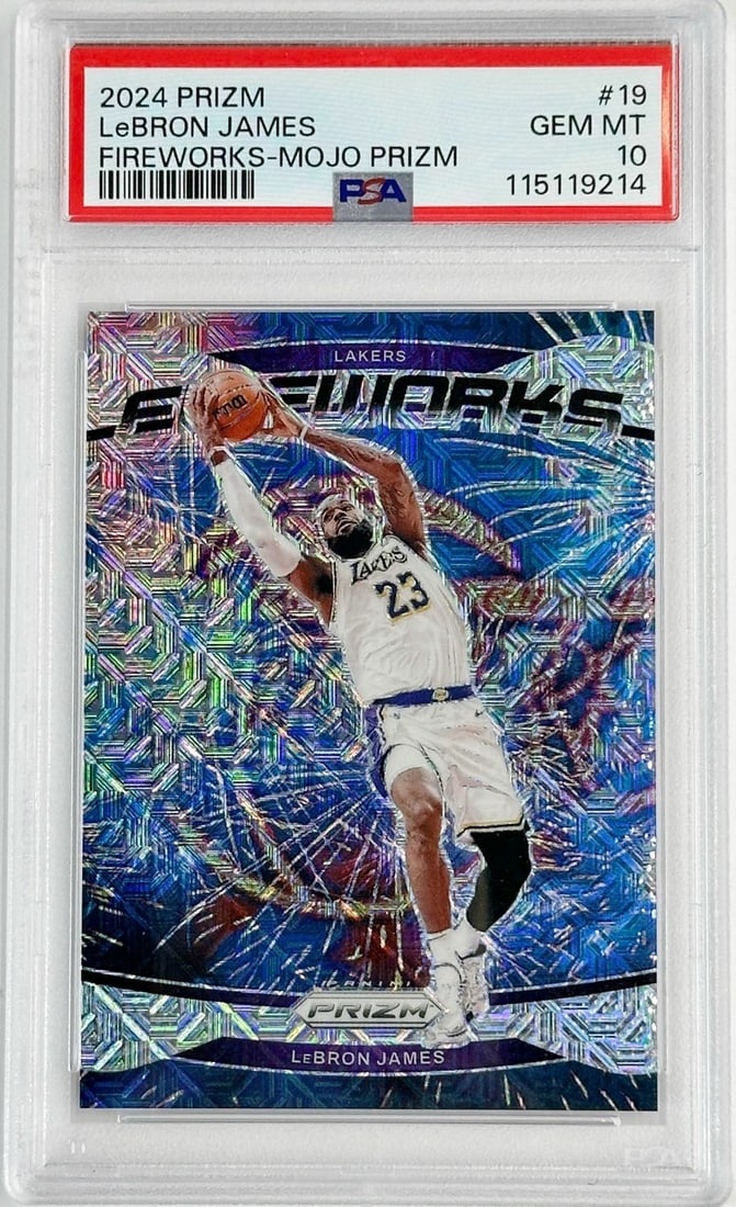 2024 Prizm/25 #19 LeBron James Fireworks Mojo PSA Gem Mint 10 Basketball Card: 2024 Prizm/25 #19 LeBron James Los Angeles Lakers Fireworks Mojo Prizm. PSA certified Gem Mint 10 - 115119214. Domestic Shipping:$40