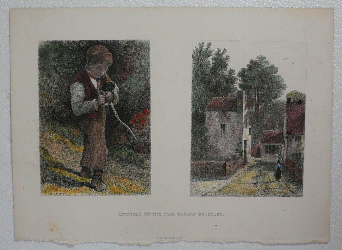 Robert Brandard English 1805–1862 Hand colored Etchings Rustic Boy Village scene (1 of 4)
