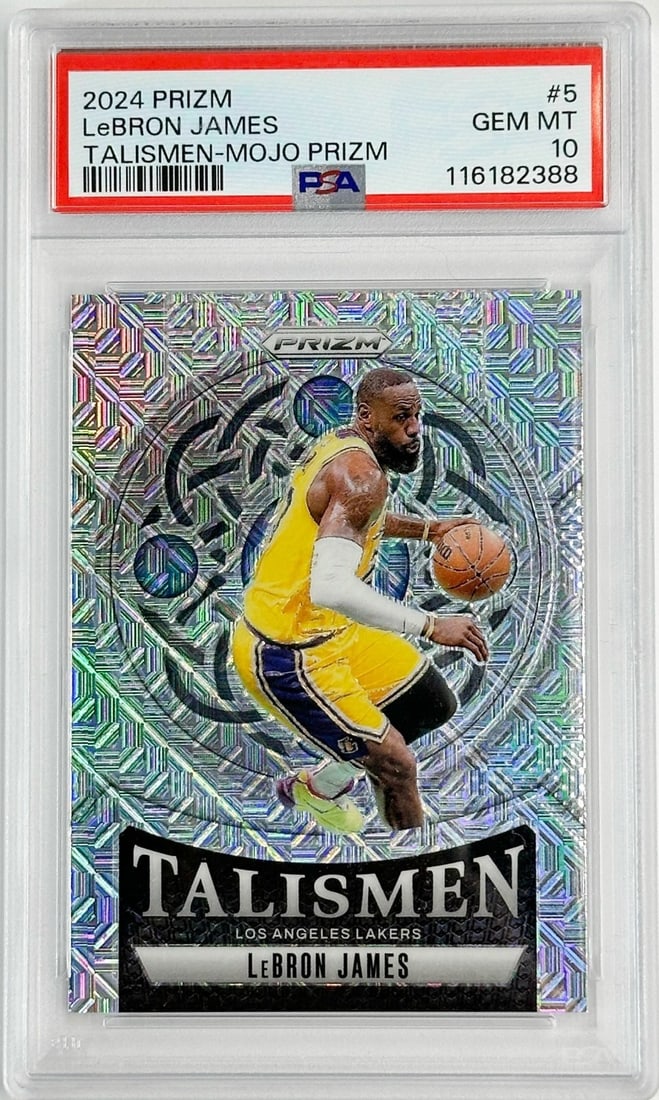2024 Prizm/25 #5 LeBron James Talismen-Mojo Gem Mint 10 Basketball Card: 2024 Panini Prizm/25 #5 LeBron James Los Angeles Lakers Talismen-Mojo Prizm. PSA certified Gem Mint 10 - 115182388. Domestic Shipping:$40
