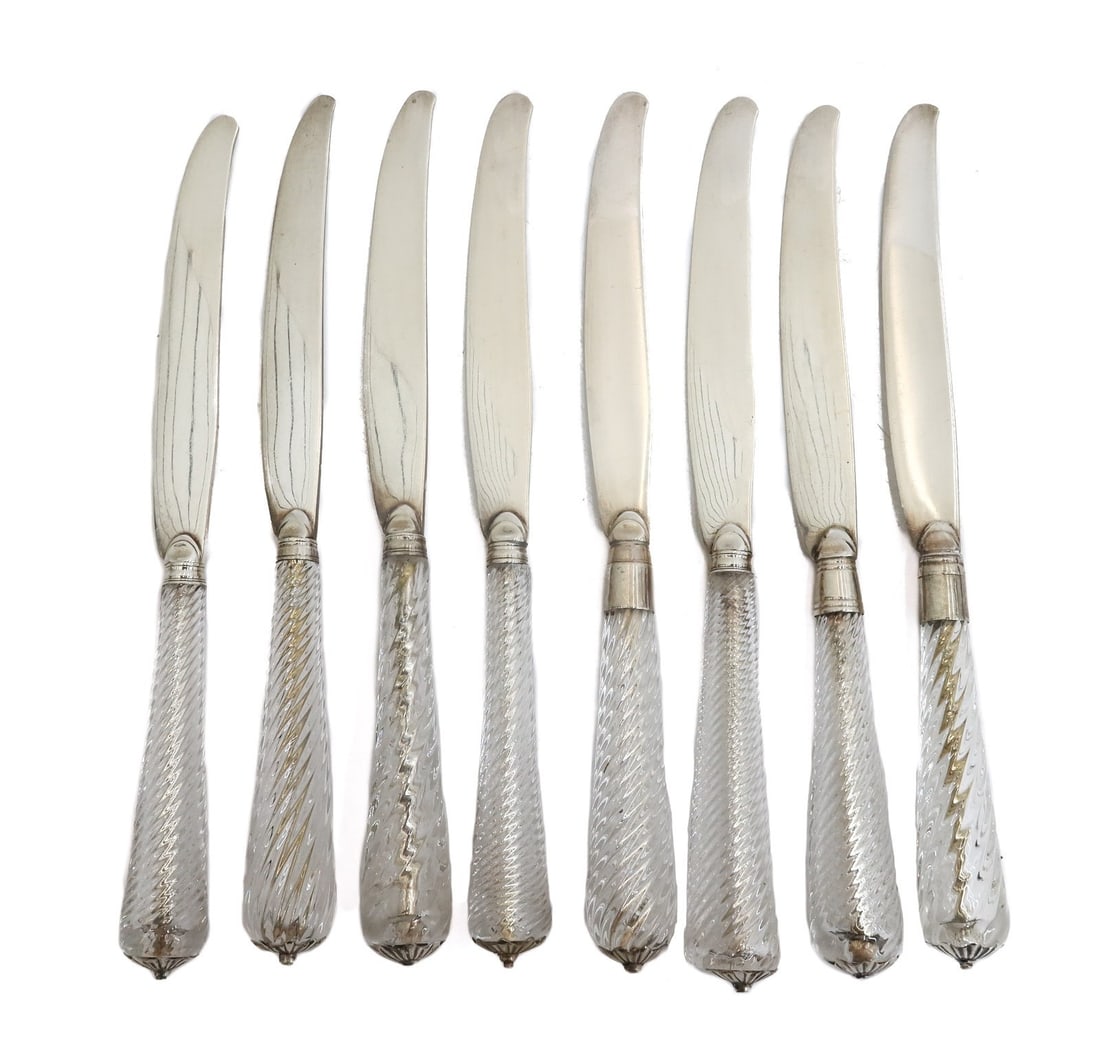 8 English Sterling Silver Francis Higgins II Knives Twisted Glass Handles 19th C (1 of 7)