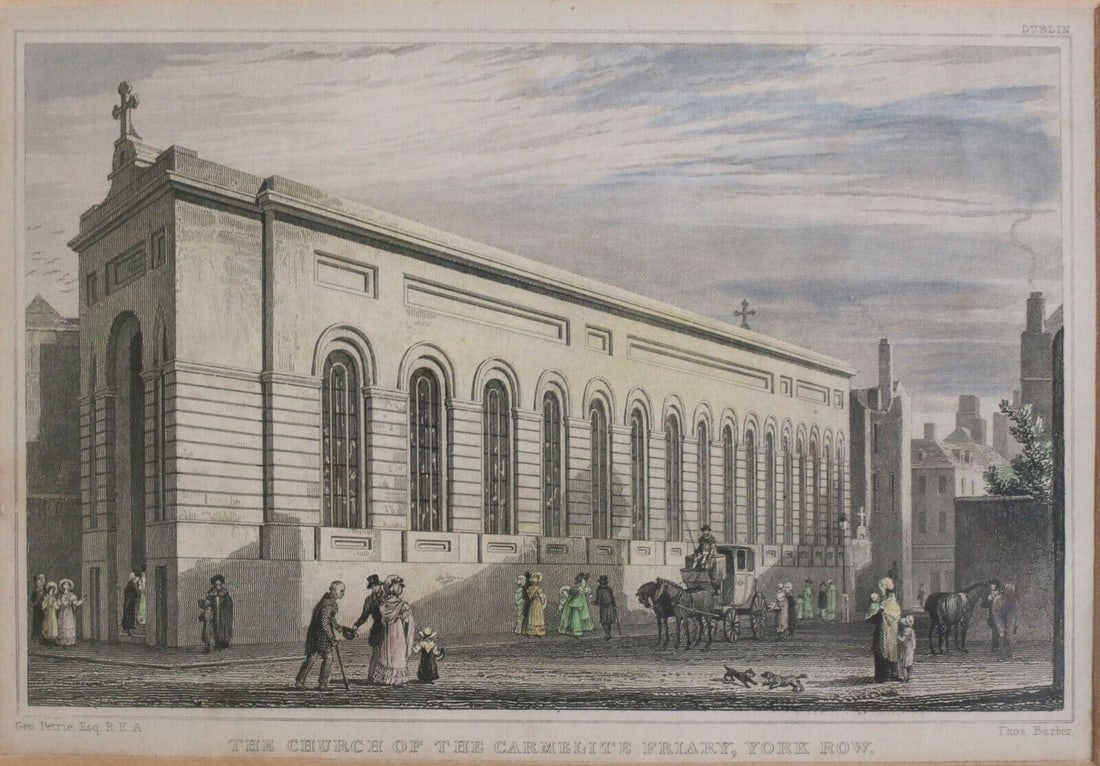Thomas Barber Actv 1818-1846 Hand colored Engraving Church Carmelite Friary: Thomas Barber (Active: 1818-1846) Hand colored Engraving on paper, Titled "The Church of the Carmelite Friary, York Row". (architect George Papworth) Published by George Petrie. In gilt wood frame, gl