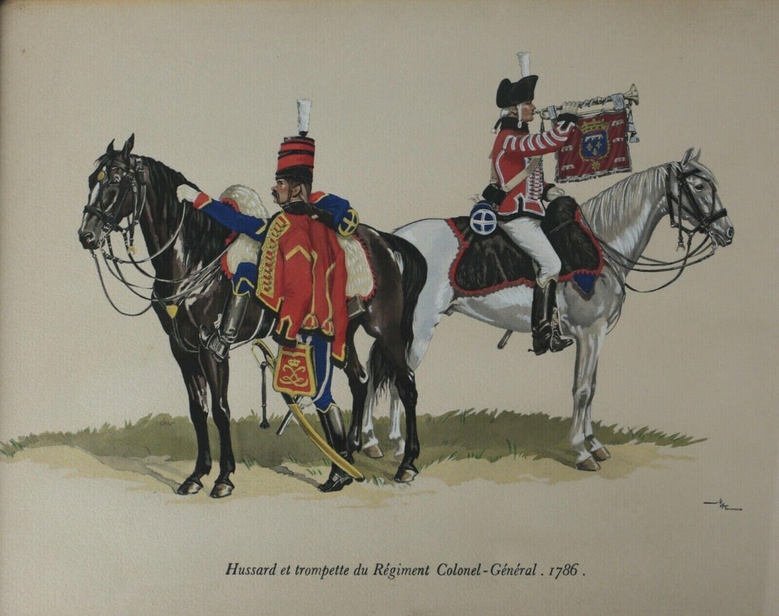 Military Costumes Hussard et trompette du Regiment Print Heightened w/ Gouache: Military Costumes, Hussard et trompette du Regiment Colonet-General 1786, Photogravure heightened with gouache. Signed MAC. Wood frame, glazed. 2.5lb (BF3) Measurements: Approx. image 15.25" x 11.5"; 