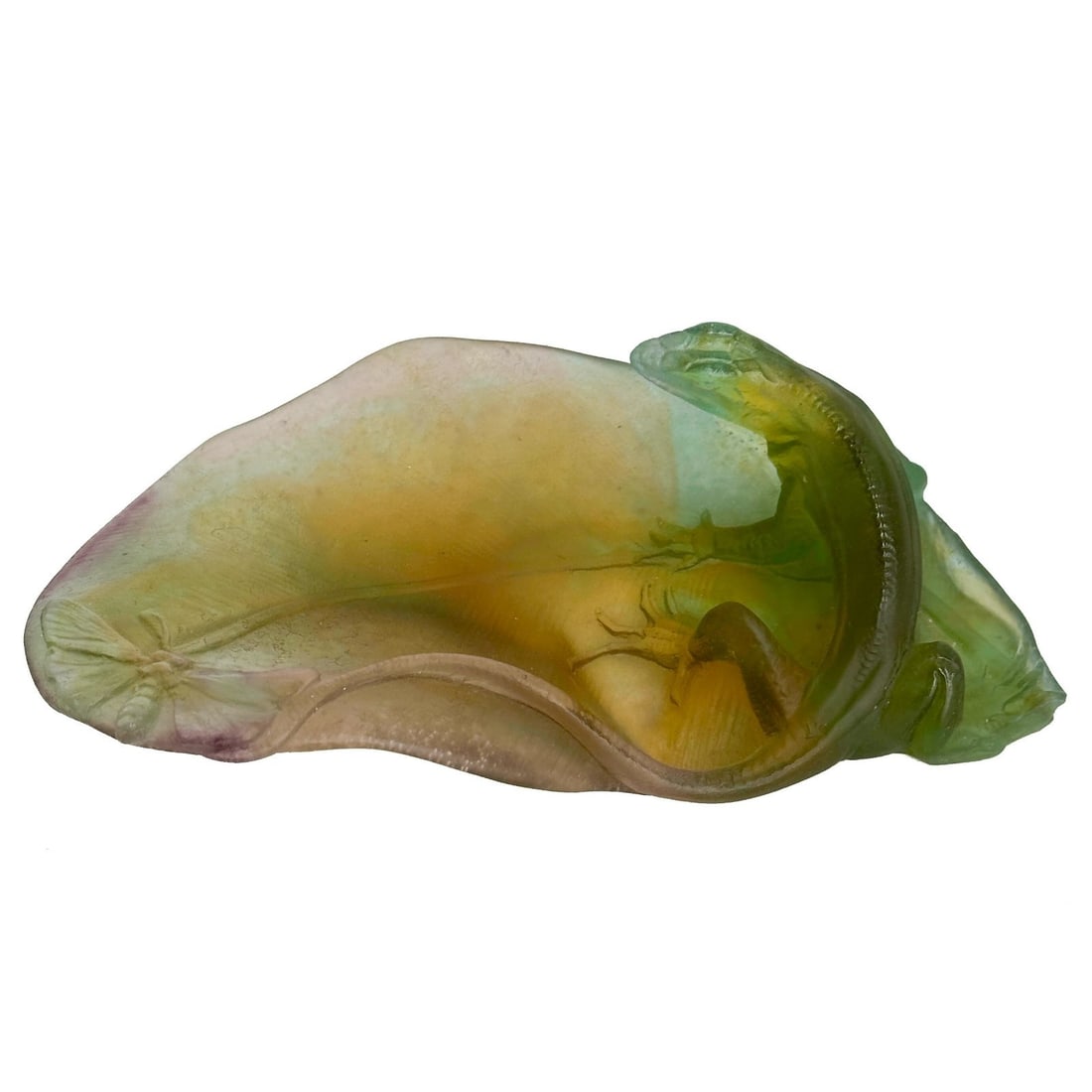 Daum France Pate de Verre Yellow Green Glass Lizard Tray Vide Poche w/ Box: Daum France Pate-de-Verre Green Yellow and Purple Glass Tray Bowl or Vide Poche. Figural lizard and dragonfly decoration. Underside signed Daum France. With original fitted box. Weight: Approx. 1.5 lb