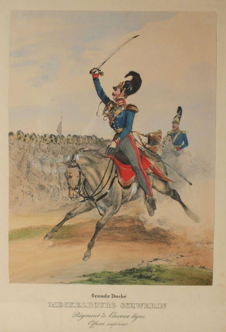 Heinrich Eckert Dietrich Monten Handcolor Lithograph Armed Forces of Europe 1838: Heinrich Eckert and Dietrich Monten Hand Colored Lithograph, 19th century officers and soldiers on horseback. captioned, 'Grande Duche Mecklembourg Schwerin Rregiment de Chevaux legers Officier superi
