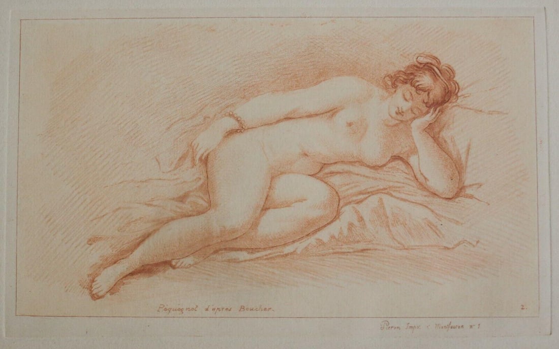 Auguste Pequegnot (1819-1878) After Francois Boucher Lithograph Nude figure: by Auguste Pequegnot (1819-1878) After Francois Boucher (French 1703-1770) Lithograph on paper, nude woman reclining. Published Montfaucon. In gilt wood frame. 1lb (BF1) Measurements: Approx. Plate 8.