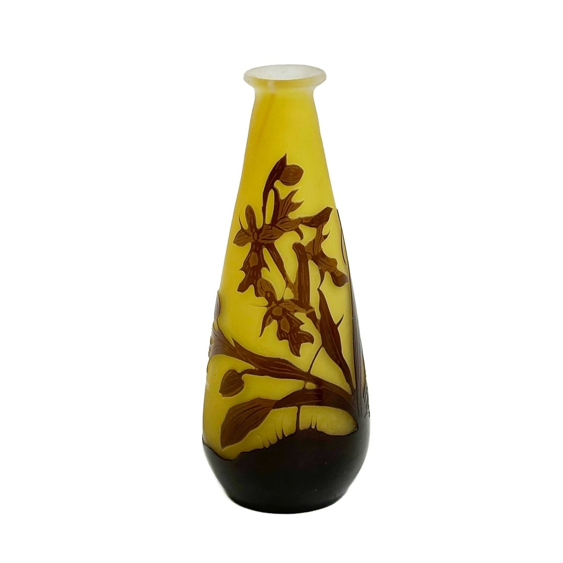 Emile Galle Acid Etched Cameo Art Glass 5.8in Vase Yellow Brown Orchids c1900: Emile Galle Acid Etched Cameo Art Glass Vase circa 1900. A yellow ground with brown cameo orchid floral decoration to the body. Signed Galle in cameo to the lower edge. Weight: Approx. .5 lb Measureme