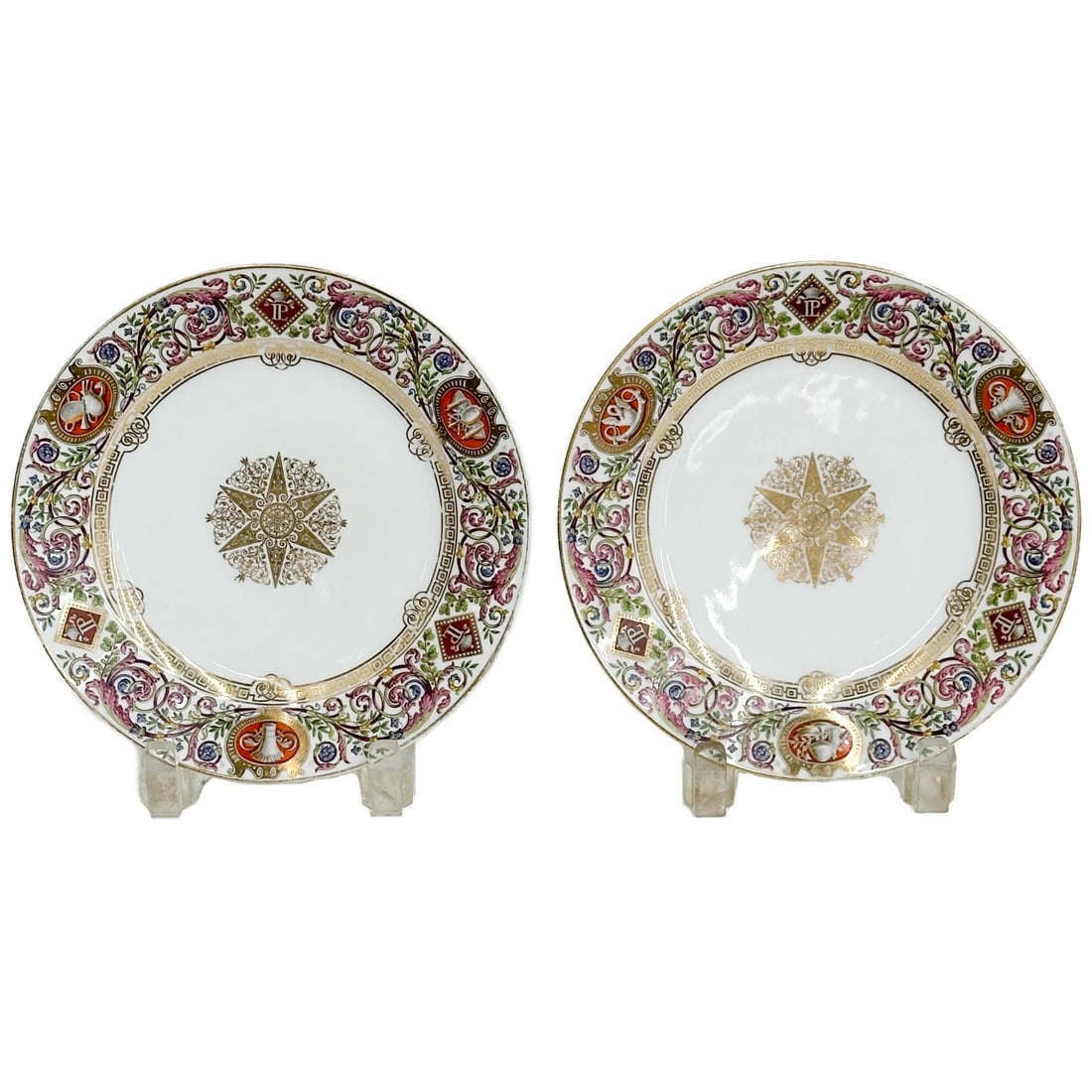 Pair Manufacture de Sevres Ch F Bleau Louis Philipe Hunting Scene Plates 1847: Pair Manufacture de Sevres Chateau de Fontaine Bleau Porcelain Louis Philipe Hunting Scene Plates. Hand painted hunting scenes to rim and gilt emblem to center. Sevres marks to the underside for Chate
