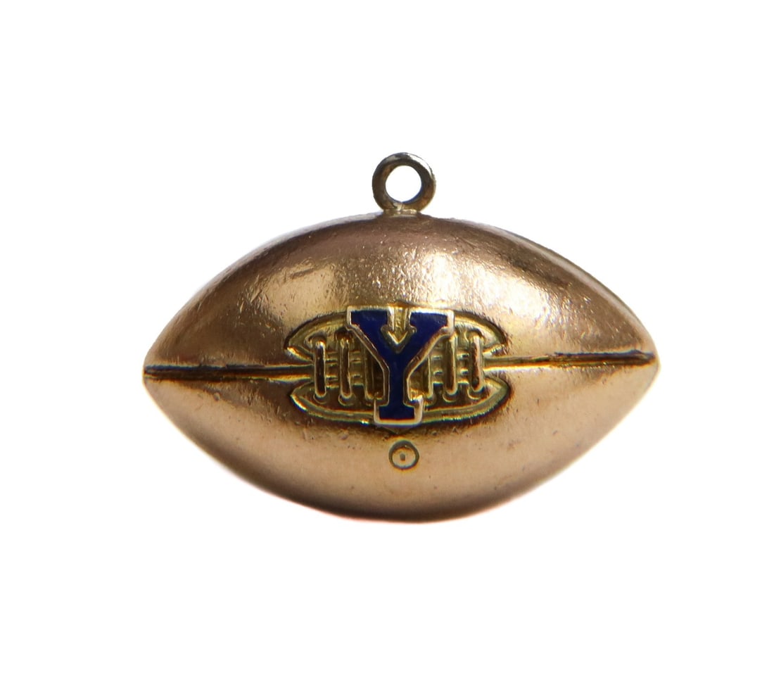 10k Yellow Gold Yale IVY and HYP 1956 Football Championship Charm Alex Kroll: 10k yellow gold 1956 Yale Championship necklace or bracelet charm. Blue enameled Yale Y to center and inscribed "IVY and HYP(Harvard Yale Princeton) Champs 1956" and "A.S.Kroll '59" to back for former