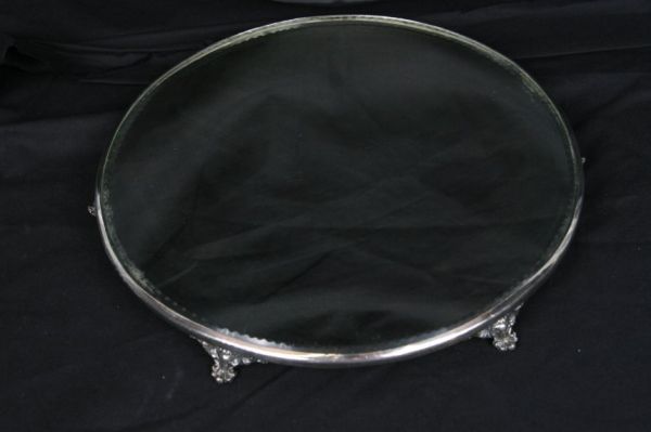 VINTAGE SILVER PLATE MIRROR CENTERPIECE DISPLAY P: This is a lovely early vintage hex-footed dining room table centerpiece display plateau in silver plate with a gorgeous beveled pie-crust edge mirror. This is the perfect display riser for epergnes, l