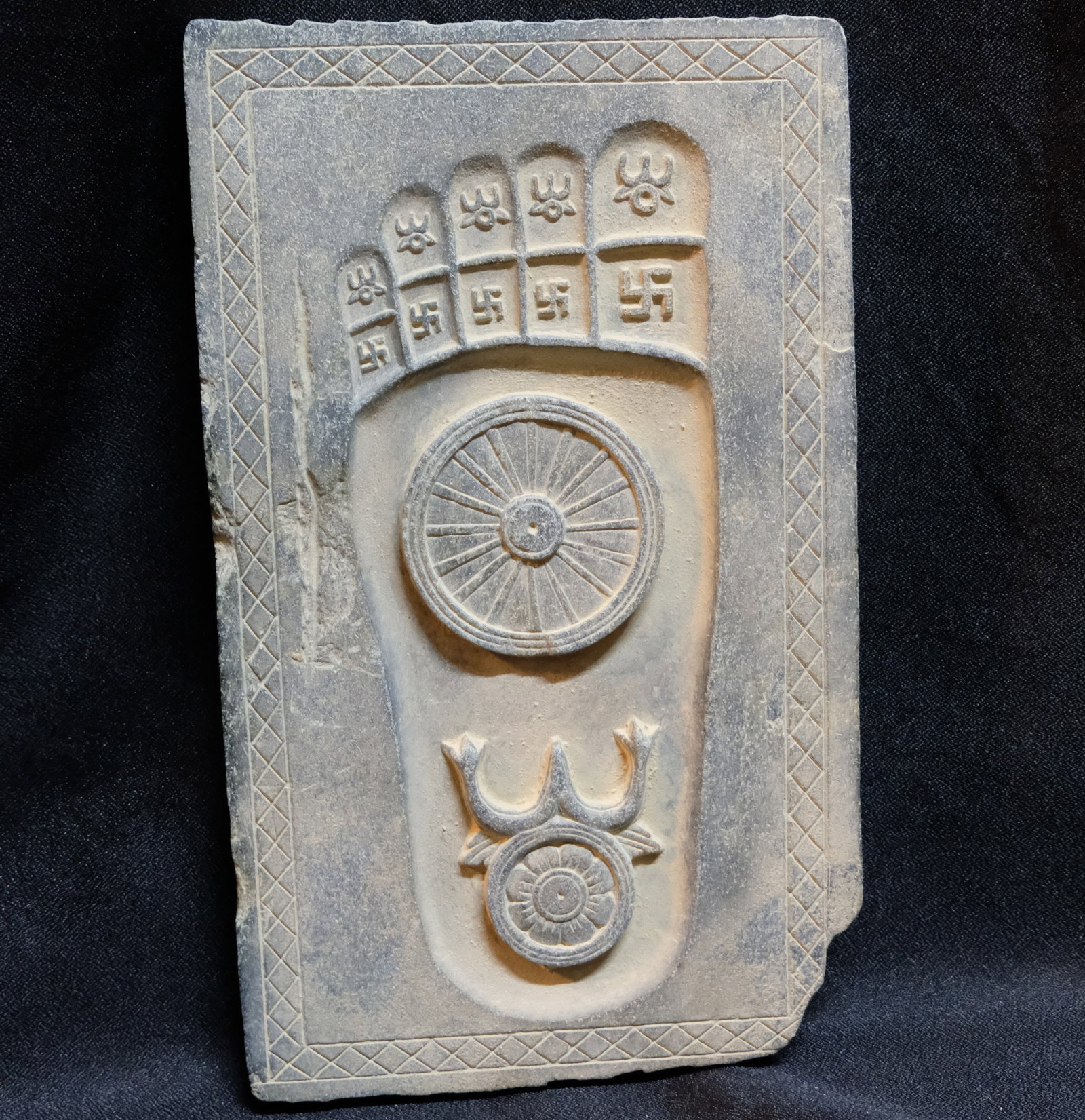 Gandhara Civilization Buddha footprint Carved Panel (Buddha Pada), in Gray Schist Stone, from the (1 of 8)