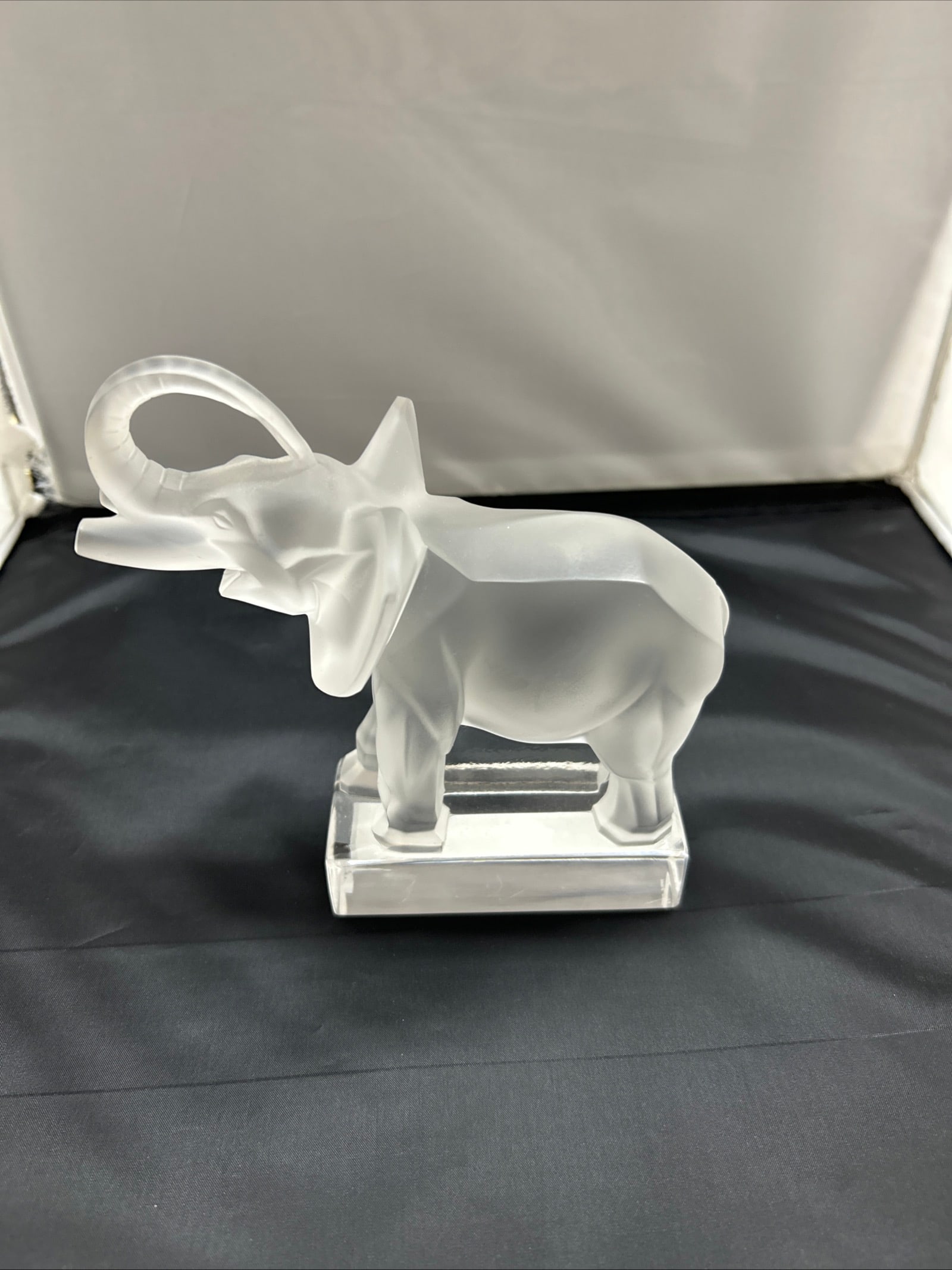 Lalique France Elephant Trunk Up Frosted Crystal Figurine Sculpture: Beautiful and collectible Lalique France Elephant figurine, crafted in frosted crystal and featuring the elephant with its trunk raised high, a pose long regarded as a universal symbol of good luck, p