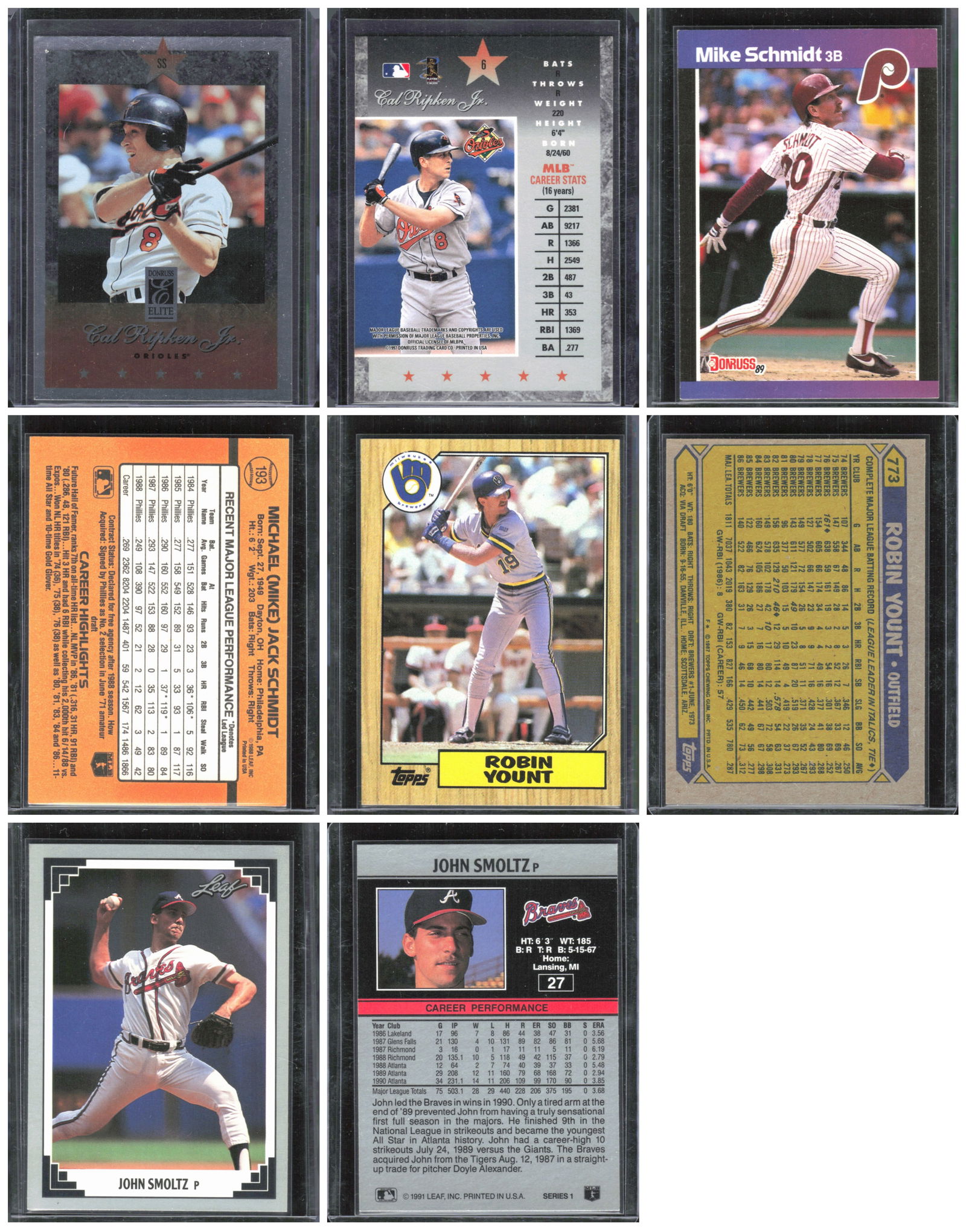 4 - Vintage 1980's & 1990s Baseball Cards - Ripken, Jr, John Smoltz, Mike Schmidt & Robin Yount (1 of 1)