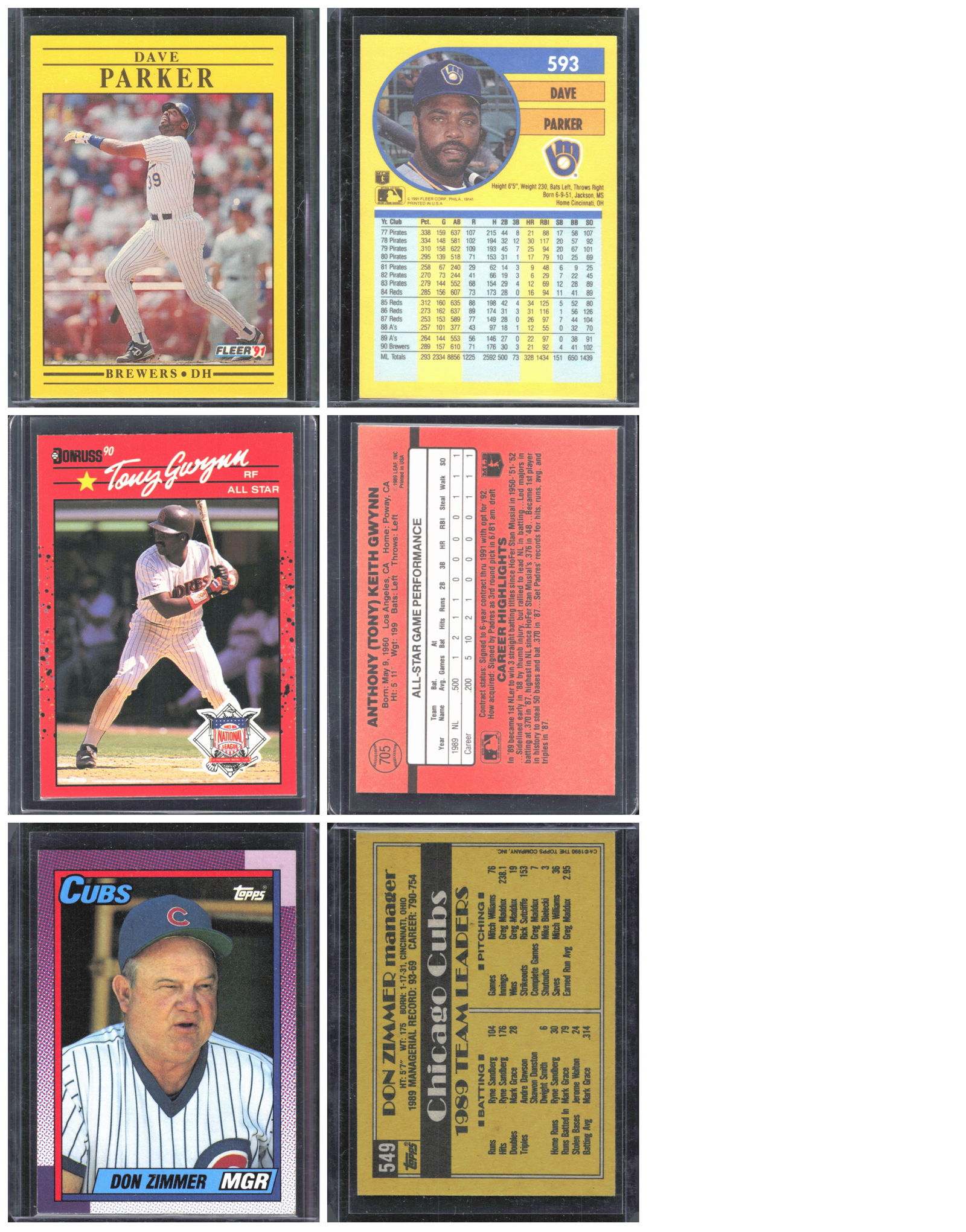 3 - 1990's Vintage Baseball Cards: Dave Parker, Tony Gwynn, & Don Zimmer (1 of 1)