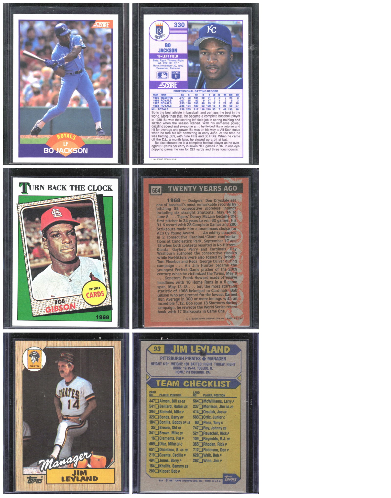 3 - Vintage Baseball Cards: Bo Jackson, Jim Leyland, & Bob Gibson Turn Back the Clock (1 of 1)