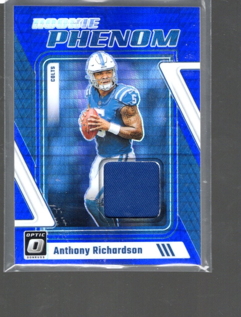 Anthony Richardson Blue Hyper Prizm RC Patch 2023 Donruss Optic #RP-AR: Anthony Richardson Blue Hyper Prizm RC Patch 2023 Donruss Optic #RP-AR