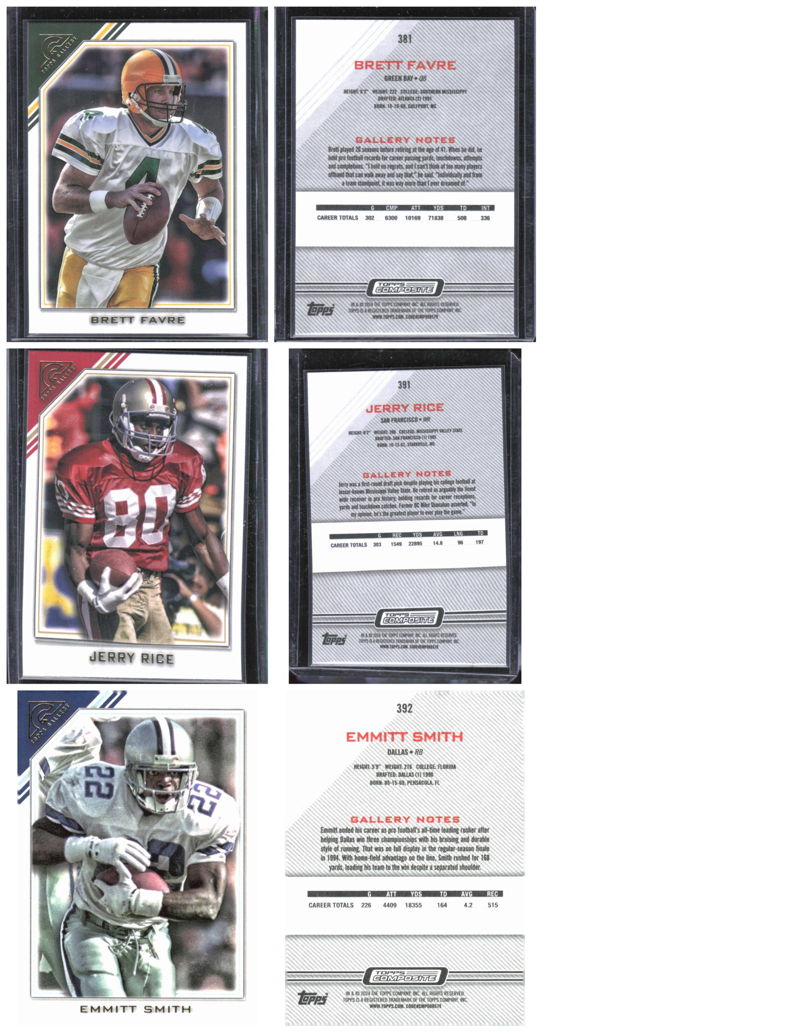3 - Topps Composite Hall of Fame Player Cards: Topps Gallery - Jerry Rice, Emmitt Smith, & Brett Fav (1 of 1)