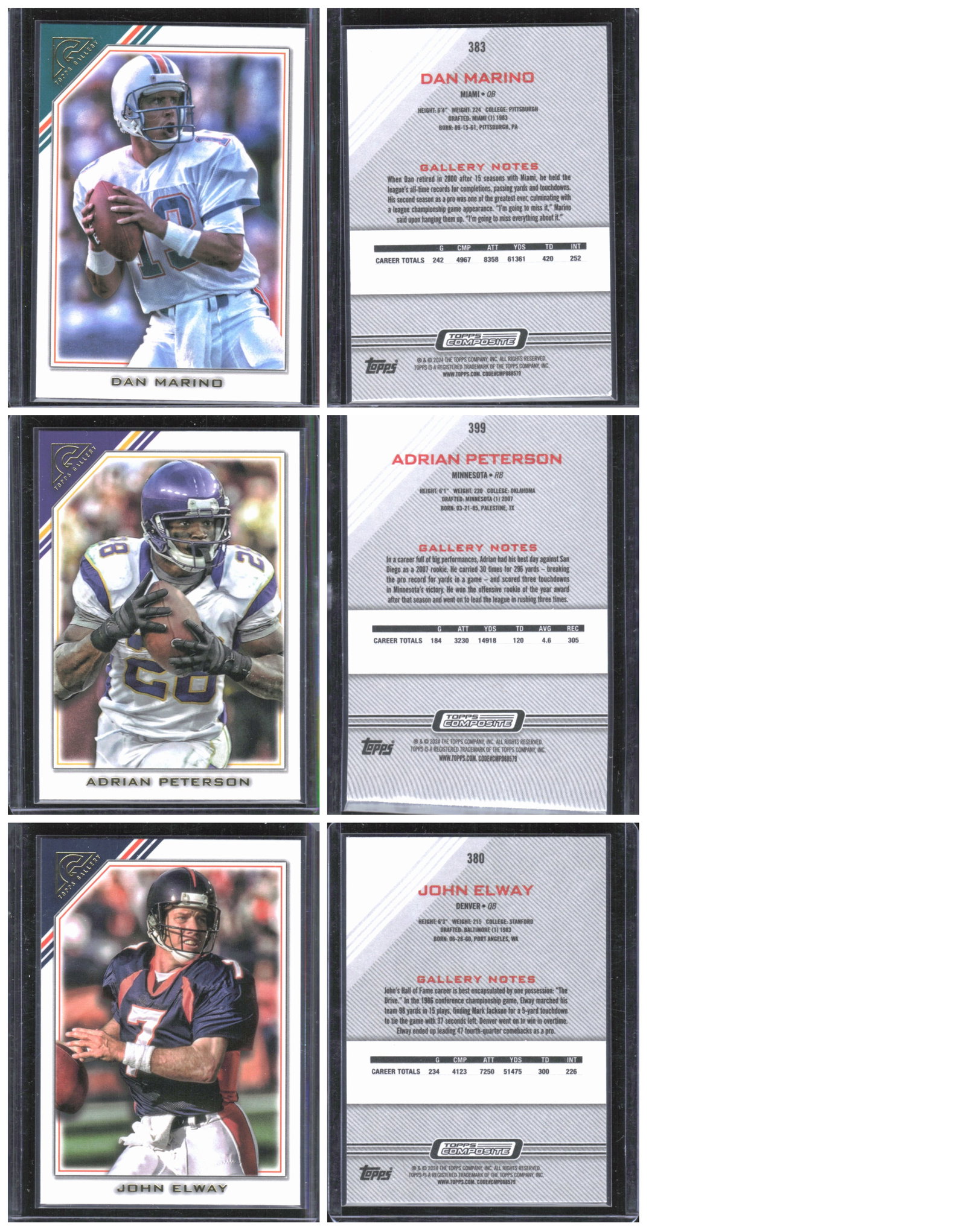 3 Topps Composite Hall of Famer Football Cards: Topps Galler- Dan Marino, John Elway, & Adrian Peter (1 of 1)