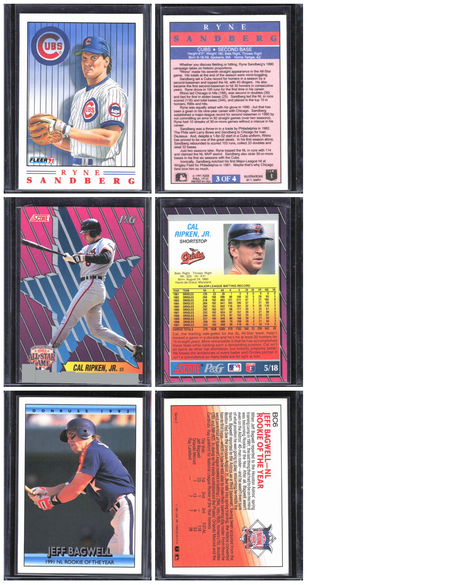 3 - Vintage 1990's Baseball Cards of Stars & Hall of Famers - Sandberg, Bagwell RC, & Ripken, Jr (1 of 1)