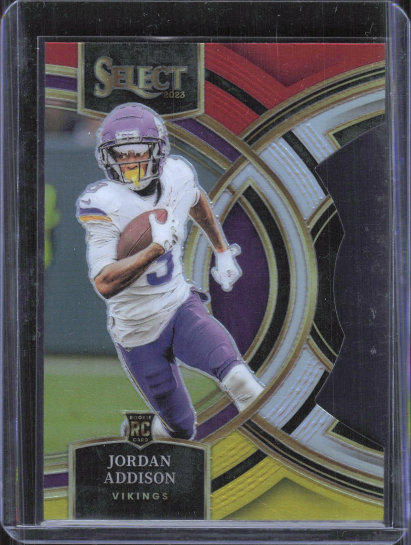 2023 Panini Select #194 Jordan Addison Rookie Card Premier Level Red and Yellow Prizms Die Cuts (1 of 2)