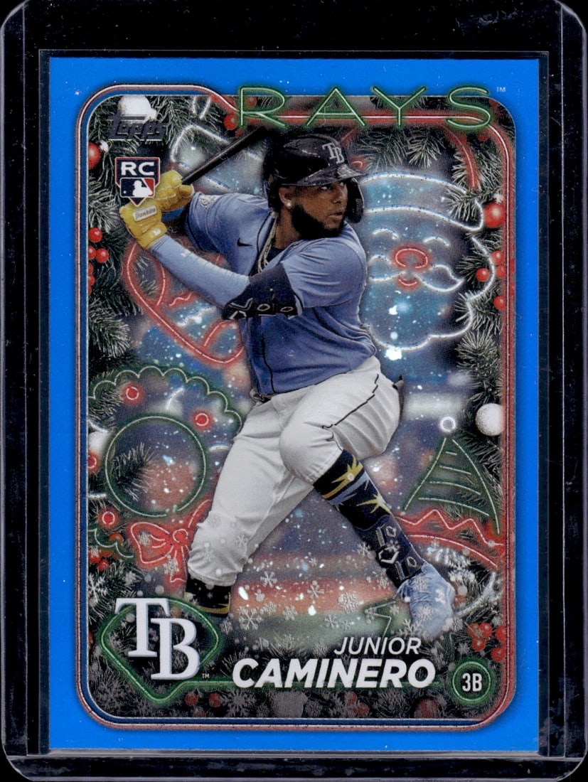Junior Caminero Blue Mettalic Glitter RC 2024 Topps Holiday #H25: Junior Caminero Blue Mettalic Glitter RC 2024 Topps Holiday #H25