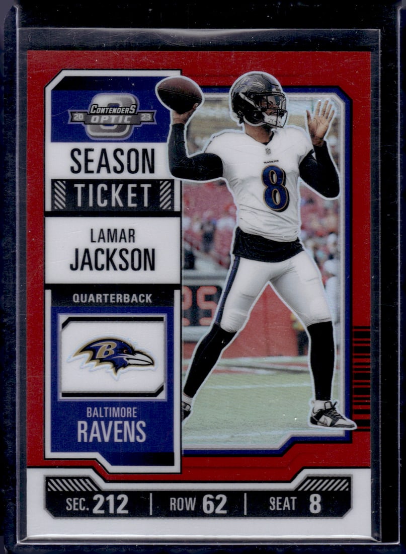 Lamar Jackson Season Ticket Red Prizm /175 2023 Contenders Optic #4 (1 of 2)