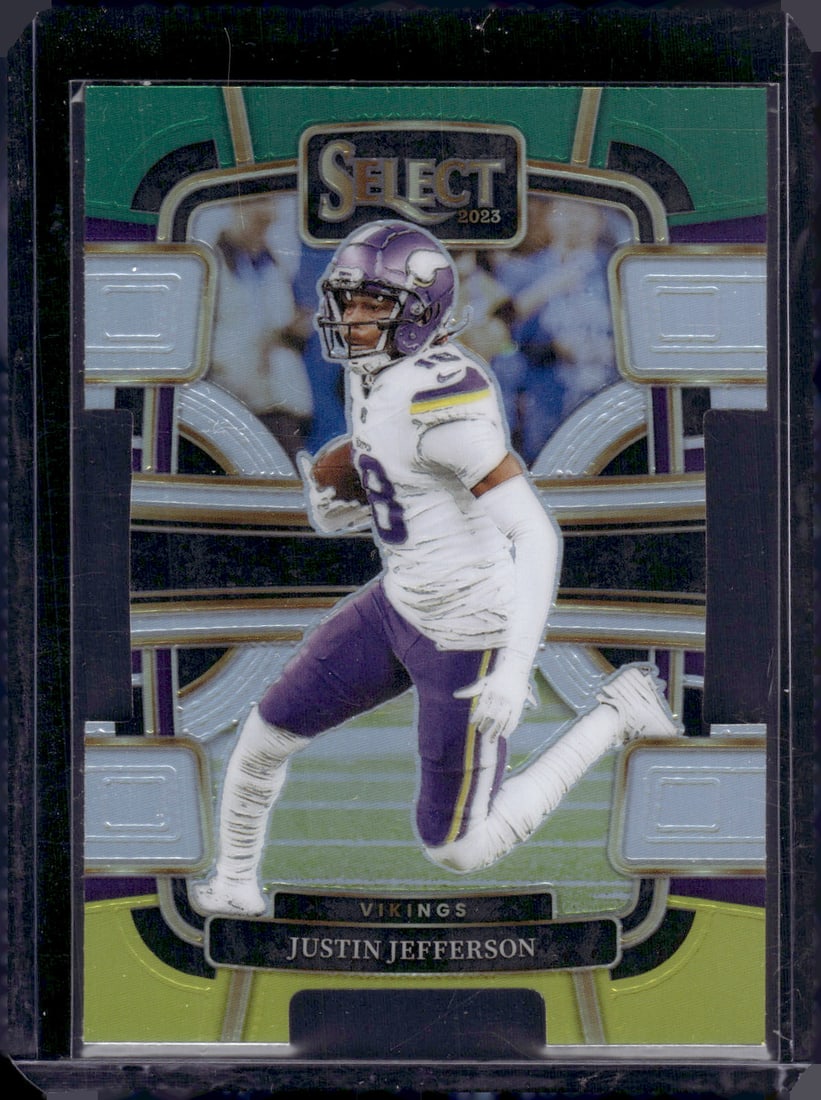 Justin Jefferson Green/Yellow Prizm Die Cut 2023 Panini Select #65: Justin Jefferson Green/Yellow Prizm Die Cut 2023 Panini Select #65