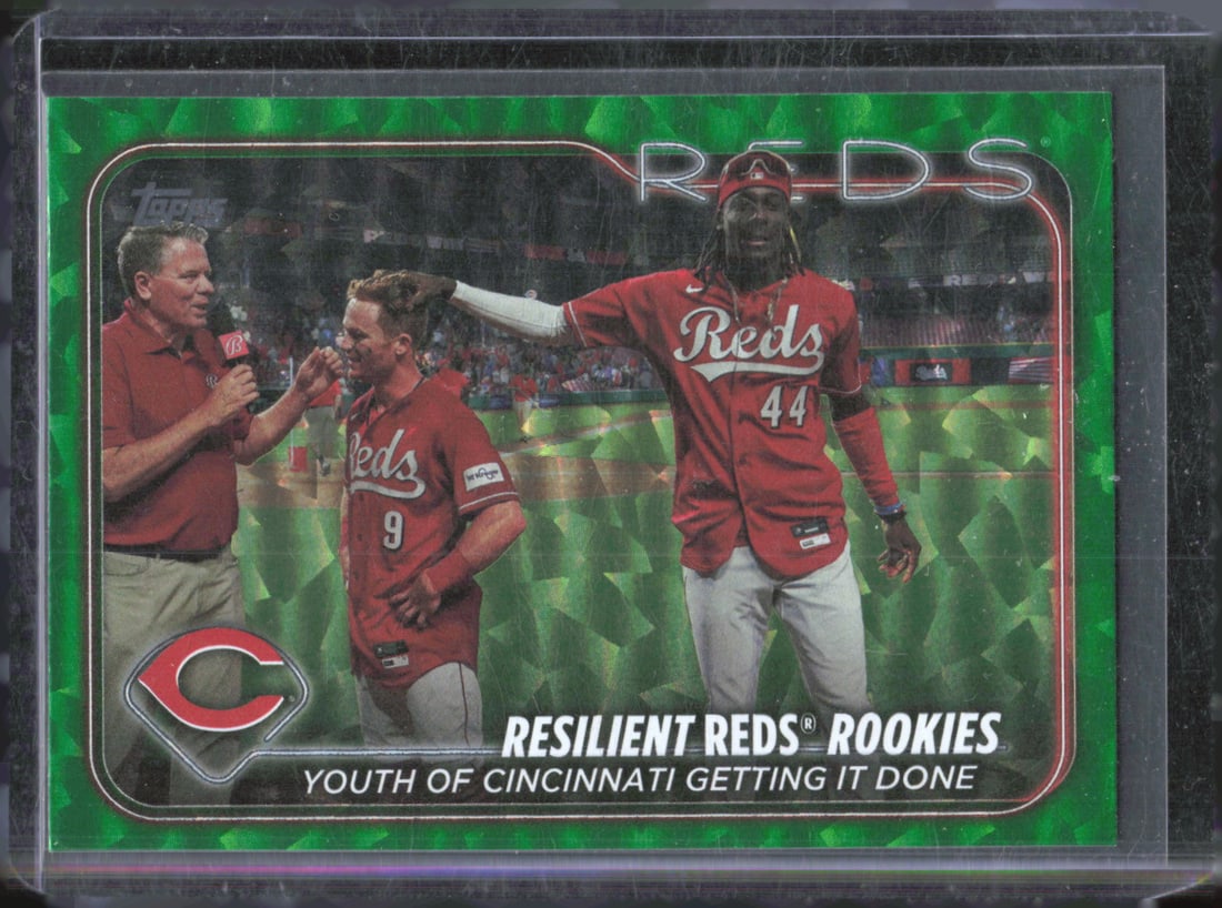 Resilient Reds Rookies: Youth of Cincinnati Getting It Done Green Foil Ice /499 2024 Topps #133: Resilient Reds Rookies: Youth of Cincinnati Getting It Done Green Foil Ice /499 2024 Topps #133