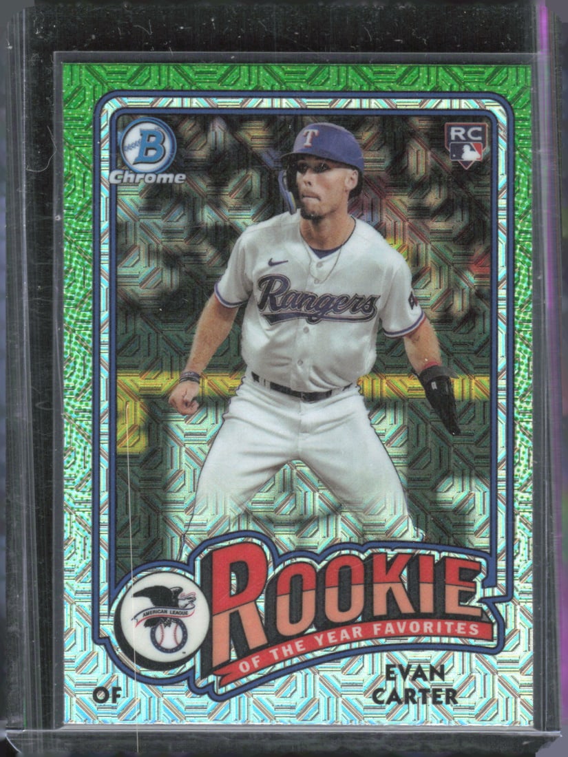Evan Carter Rookie of the Year Favorites Mojo Refractors 2024 Bowman #ROY-12: Evan Carter Rookie of the Year Favorites Mojo Refractors 2024 Bowman #ROY-12