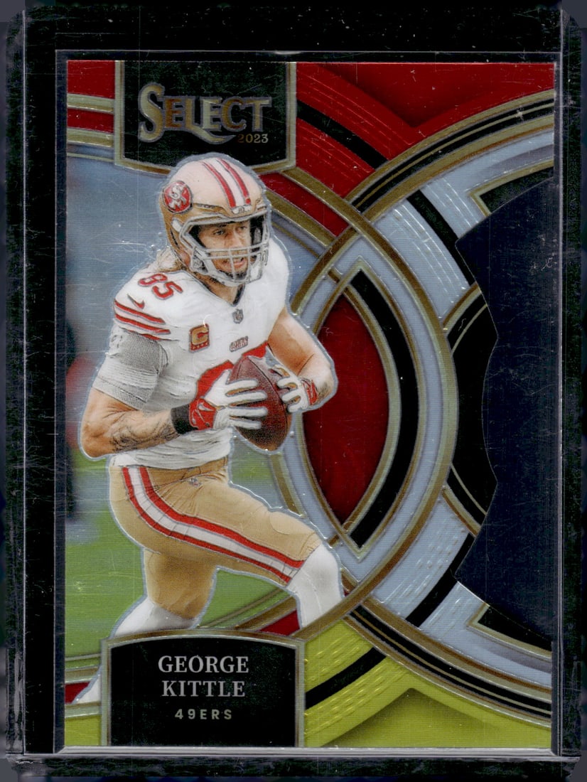 George Kittle Red/Yellow Prizm Die Cut 2023 Panini Select #153: George Kittle Red/Yellow Prizm Die Cut 2023 Panini Select #153
