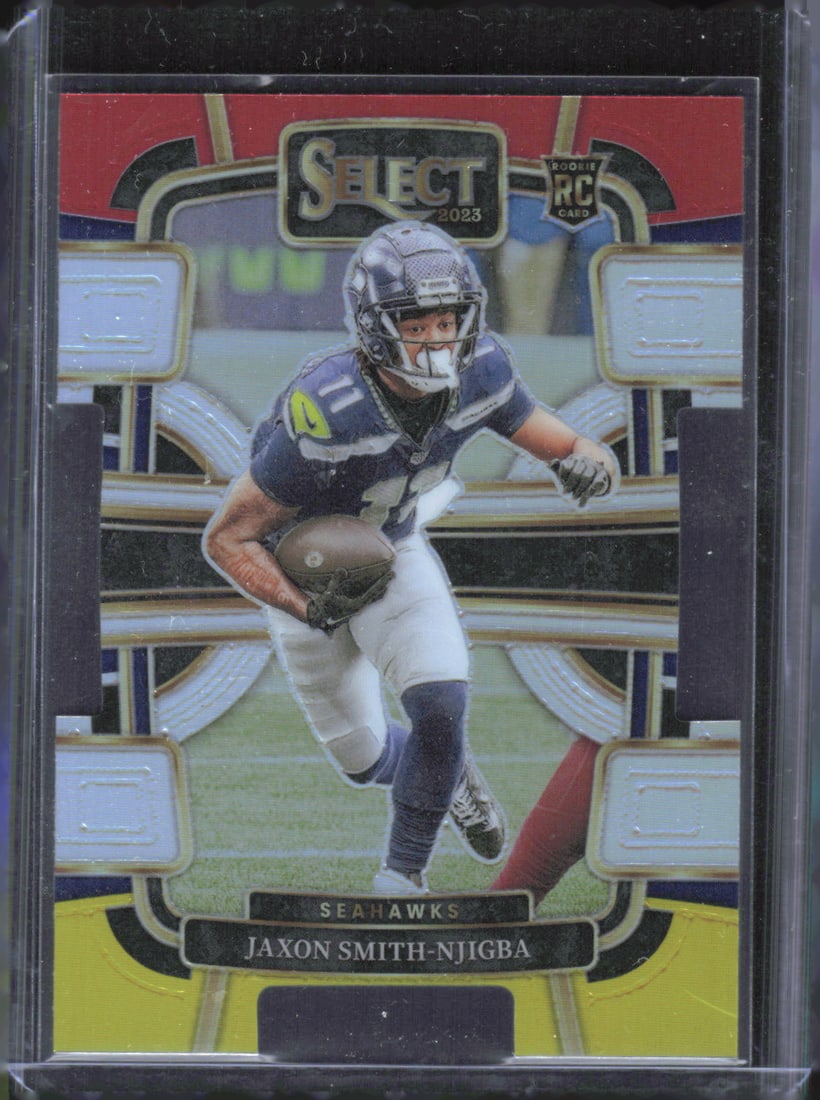 Jaxon Smith-Njigba Rookie Red and Yellow Prizms Die Cuts 2023 Panini Select #87: Jaxon Smith-Njigba Rookie Red and Yellow Prizms Die Cuts 2023 Panini Select #87