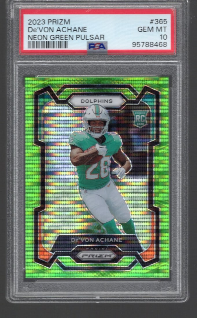 De'Von Achane Neon Green Pulsar Prizm RC 2023 Panini Prizm #365 PSA 10: De'Von Achane Neon Green Pulsar Prizm RC 2023 Panini Prizm #365 PSA 10