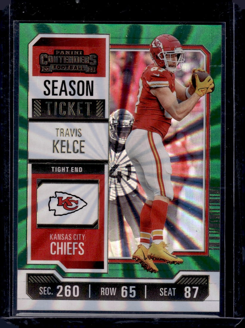 Travis Kelce Green Laser Season Ticket 2023 Panini Contenders #52: Travis Kelce Green Laser Season Ticket 2023 Panini Contenders #52