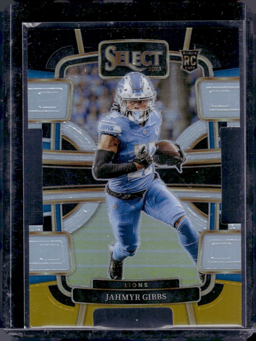 Jahmyr Gibbs Black/Gold Prizm Die Cut RC 2023 Panini Select #34: Jahmyr Gibbs Black/Gold Prizm Die Cut RC 2023 Panini Select #34