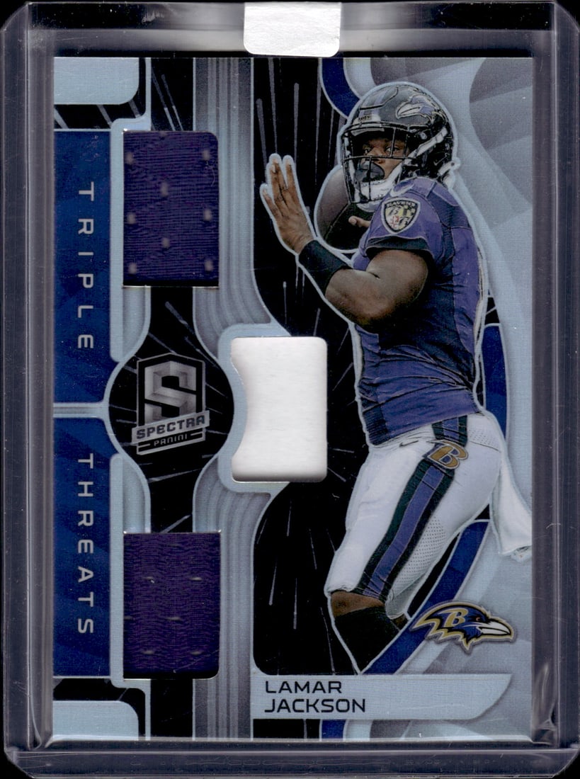 Lamar Jackson Triple Patch Silver Prizm /75 2023 Panini Spectra #TT-LJA (1 of 2)
