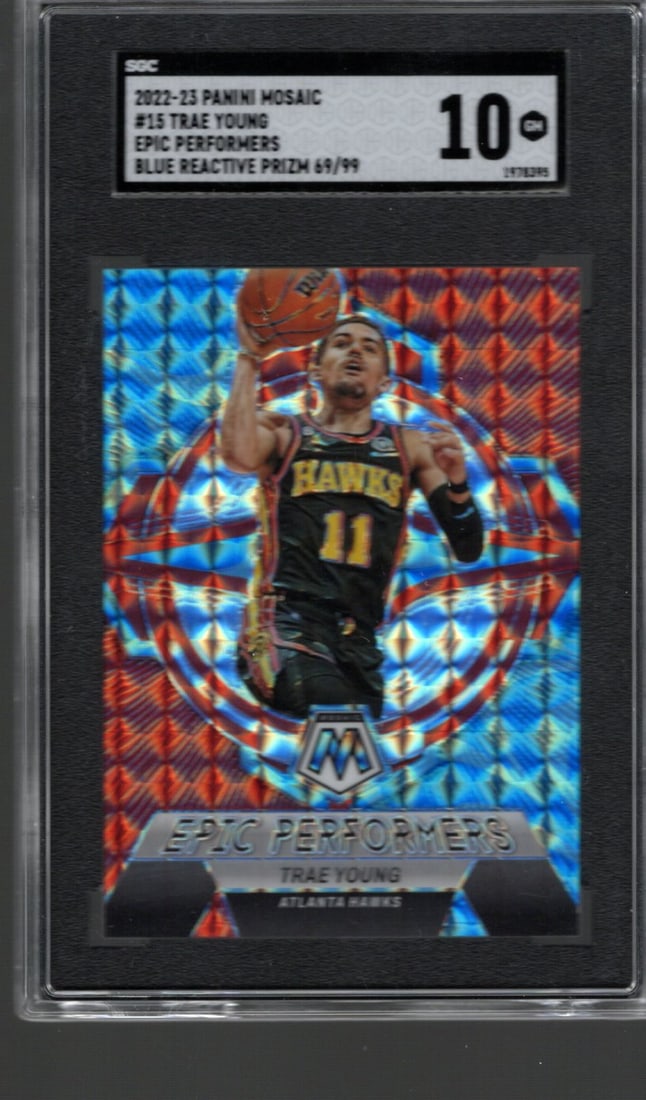 Trae Young Epic Performers Blue Reactive Prizm /99 2022-23 Panini Mosaic #15 SGC 10 (1 of 2)