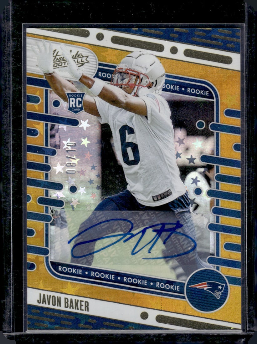 Javon Baker Gold Stars RC Auto /10 2024 Panini Absolute #180: Javon Baker Gold Stars RC Auto /10 2024 Panini Absolute #180