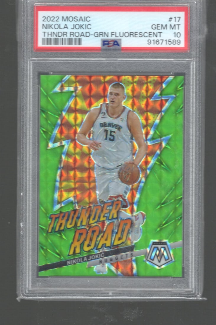 Nikola Jokic Thunder Road Green Fluorescent /10 2022-23 Panini Mosaic #17 PSA 10 GEM MINT POP 1: Nikola Jokic Thunder Road Green Fluorescent /10 2022-23 Panini Mosaic #17 PSA 10 GEM MINT POP 1