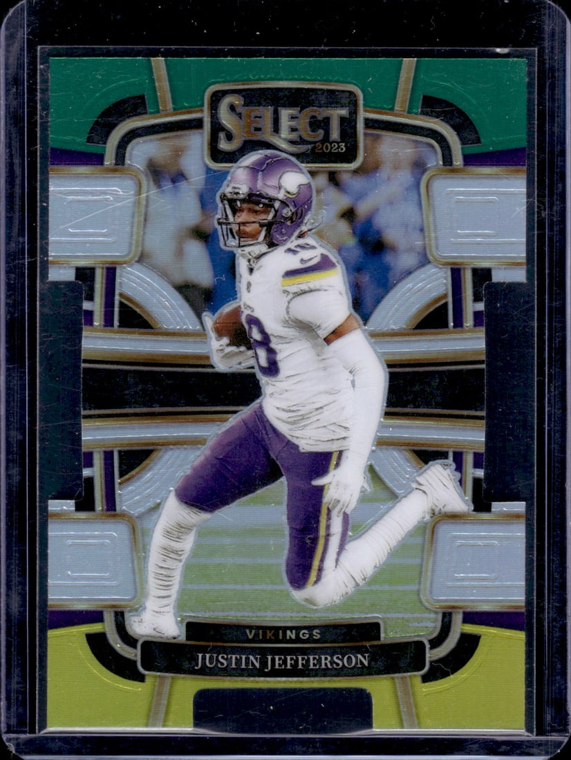 Justin Jefferson Green/Yellow Prizm Die Cut 2023 Panini Select #65: Justin Jefferson Green/Yellow Prizm Die Cut 2023 Panini Select #65
