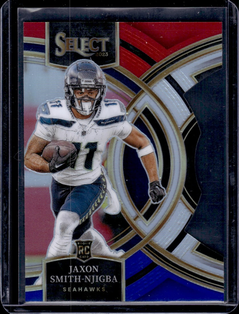 Jaxon Smith-Njigba Red/Blue Prizm Die Cut RC 2023 Panini Select #174: Jaxon Smith-Njigba Red/Blue Prizm Die Cut RC 2023 Panini Select #174