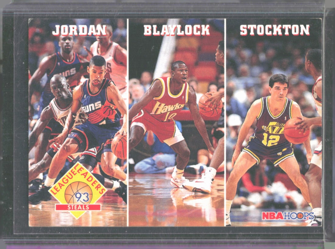 Steals (Michael Jordan / Mookie Blaylock / John Stockton) 1993-94 Hoops #289 Basketball Card: Steals (Michael Jordan / Mookie Blaylock / John Stockton) 1993-94 Hoops #289