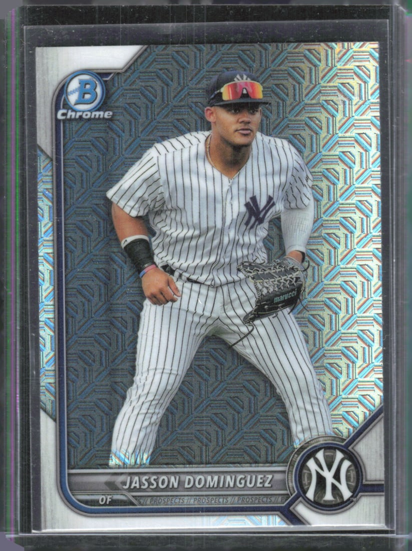 Jasson Dominguez Chrome Prospects Mojo Refractors 2022 Bowman #BCP-98 Baseball Card: Jasson Dominguez Chrome Prospects Mojo Refractors 2022 Bowman #BCP-98
