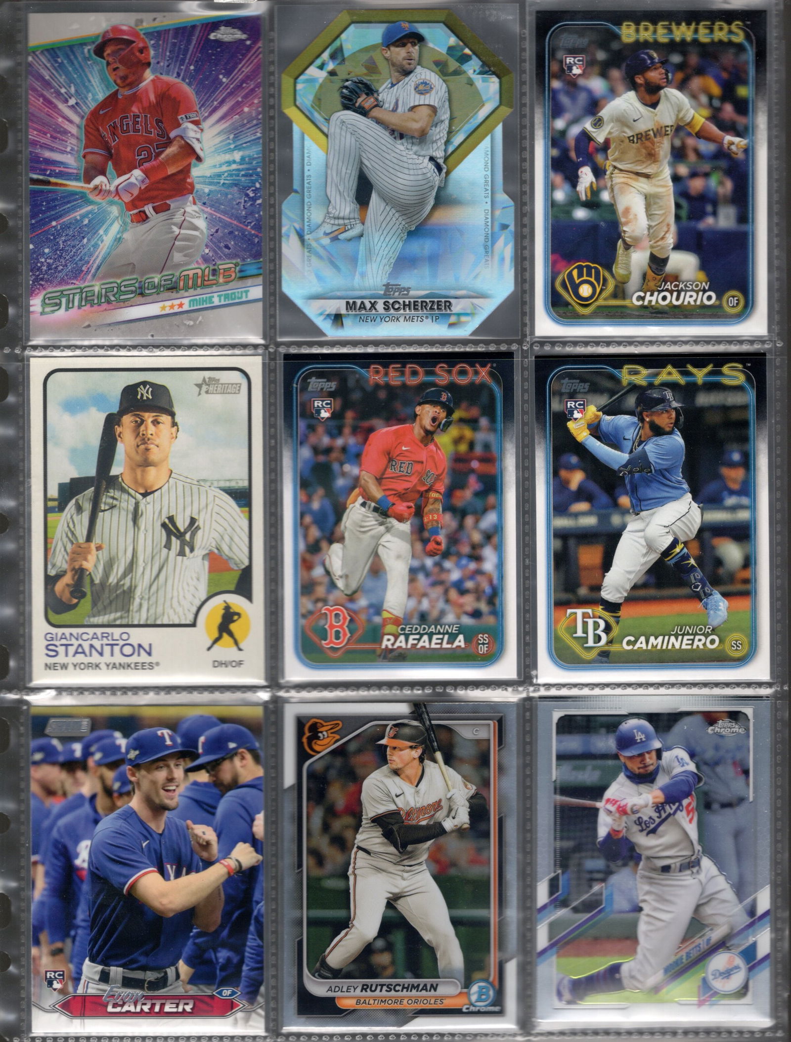 9 Baseball Cards:Mike Trout Ceddanne Rafaela RC, Junior Caminero RC, Evan Carter RC, Adley Rutschman (1 of 2)