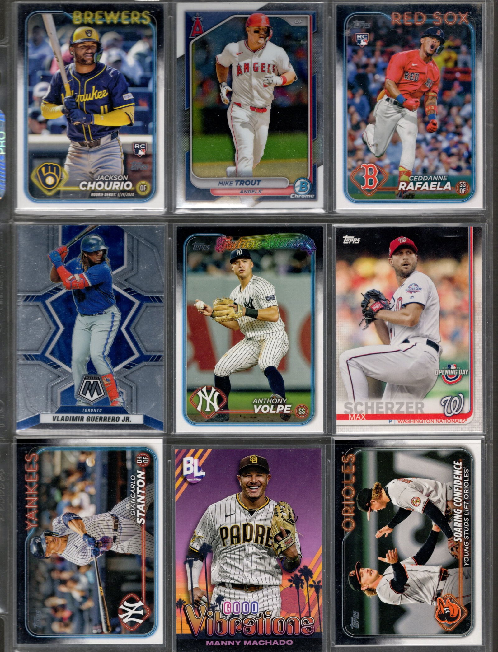 9 Baseball Cards: Jackson Chourio RC, Mike Trout, Cedanne Rafaela RC, Vladimir Guererro, Jr. (1 of 2)