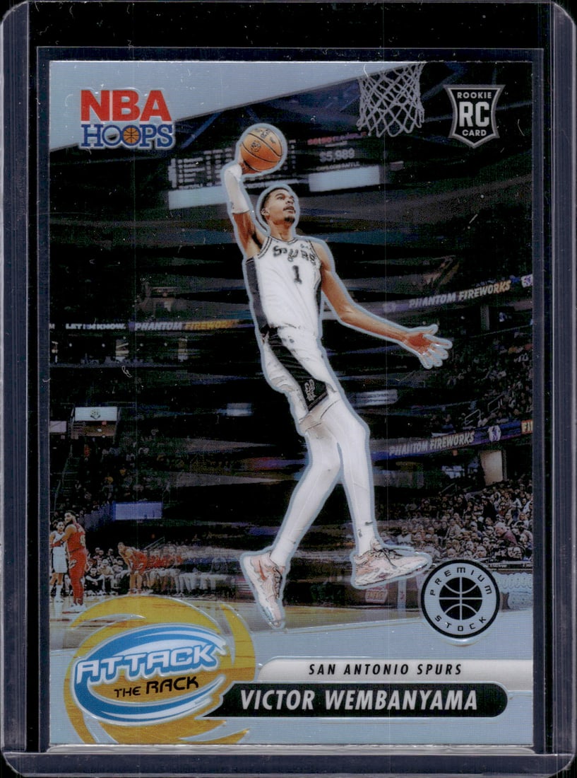 Victor Wembanyama Attack the Rack Silver Prizm RC 2023-24 Panini Premium Stock #3, Rookie Card: Victor Wembanyama Attack the Rack Silver Prizm RC 2023-24 Panini Premium Stock #3, NBA 2023-24 Rookie of the Year, NBA Rookie of the Year Basketball card, Basketball Cards, Rookie Basketball cards, Ro