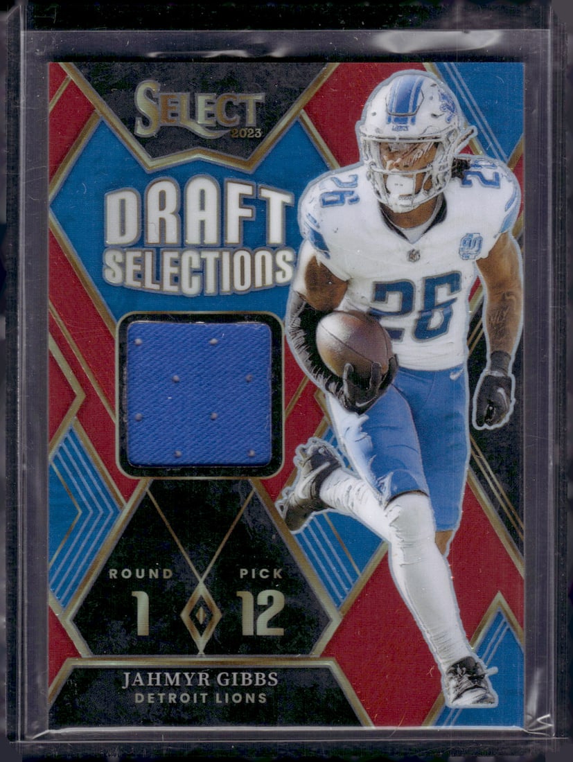 Jahmyr Gibbs Red Prizm RC Patch 2023 Panini Select #DSM-JGI Football Card (1 of 2)