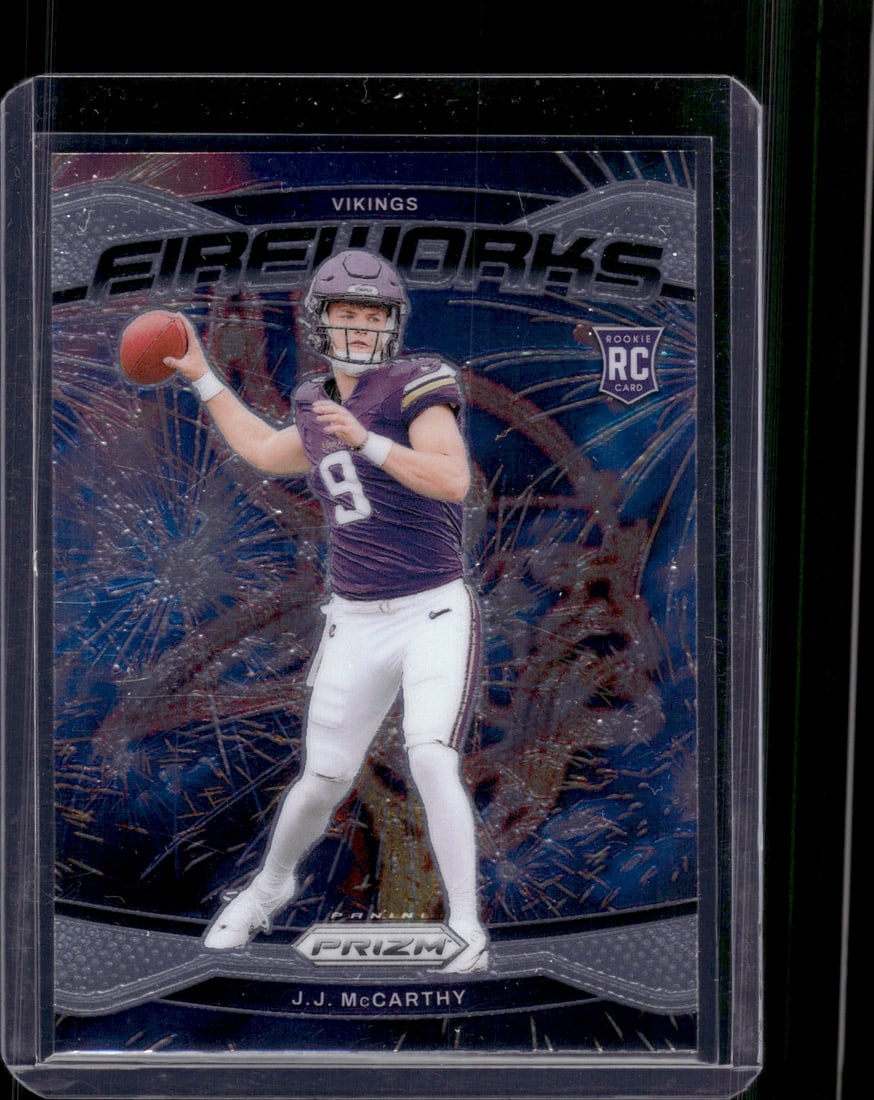 JJ McCarthy Fireworks RC 2024 Panini Prizm #18 Minnesota Vikings Football Card, Rookie Card: JJ McCarthy Fireworks RC 2024 Panini Prizm #18 Minnesota Vikings Football Card, rookie Card Sports Cards, NFL Trading Cards, Michigan Wolverines, Michigan Wolverines Football, NFL Superbowl, Super Bow